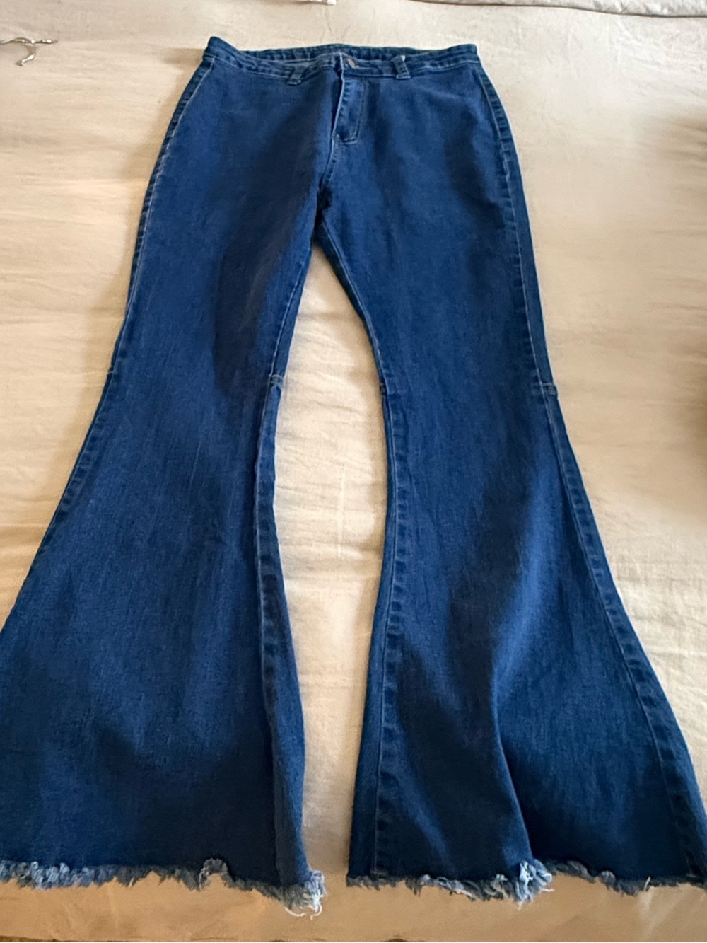 High waist Dark Blue Flared Jeans with Raw Hem - Picture 2 of 6